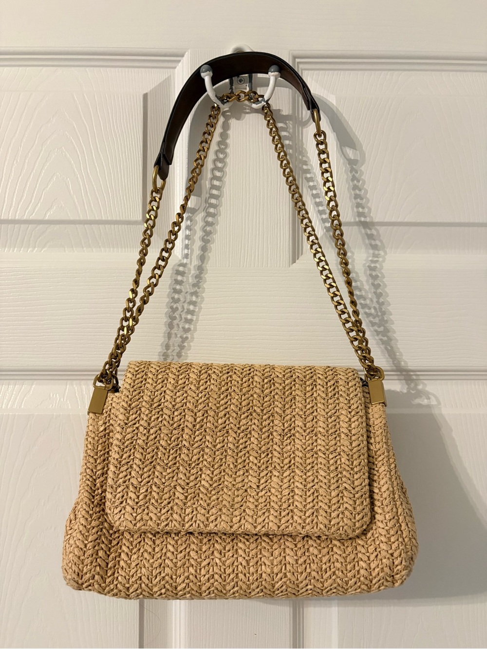 Zara Beige Woven Shoulder Bag with Gold Chain